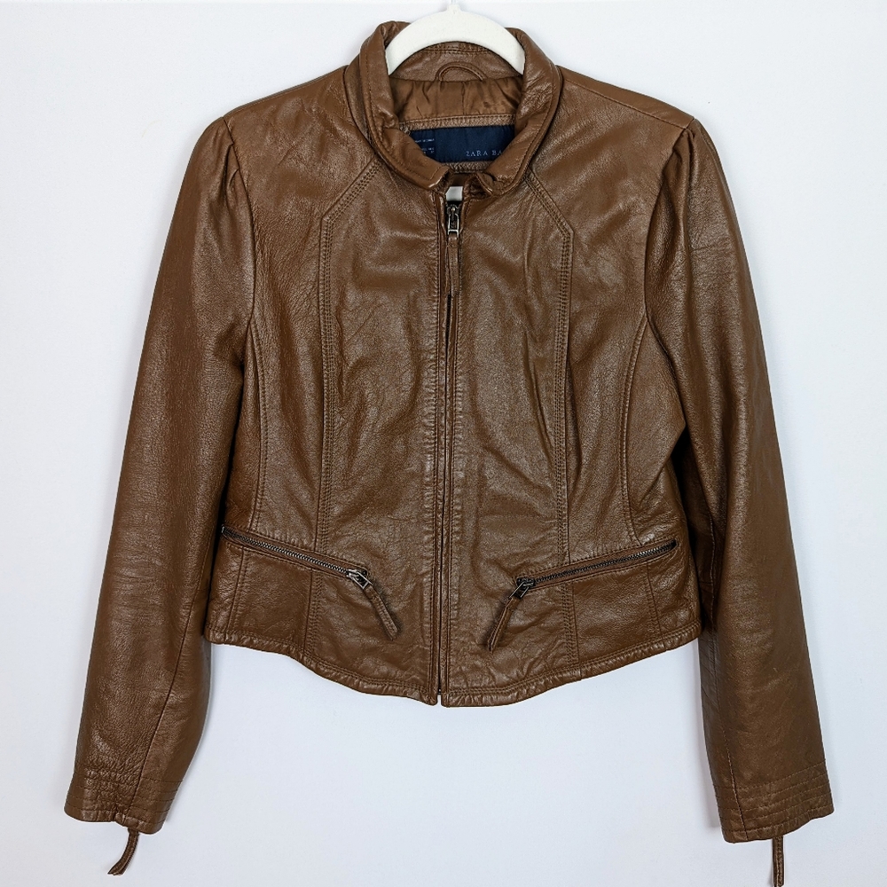 ZARA Basic XL Lambs Leather Brown Tan Moto Jacket Coat Crop Zipper Sleeves